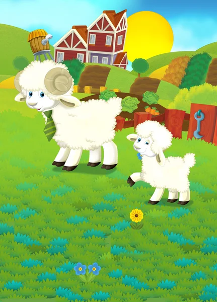 Illustrazione dei cartoni animati con la famiglia di pecore in azienda — Foto Stock