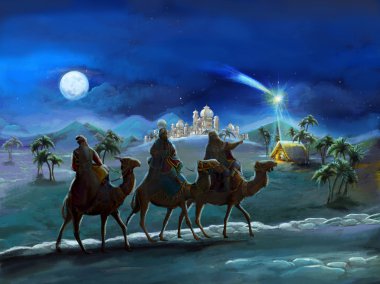 illustration of the holy family and three kings - illustration for the children clipart