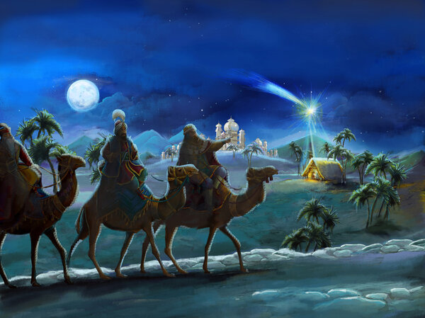 illustration of the holy family and three kings - illustration for the children