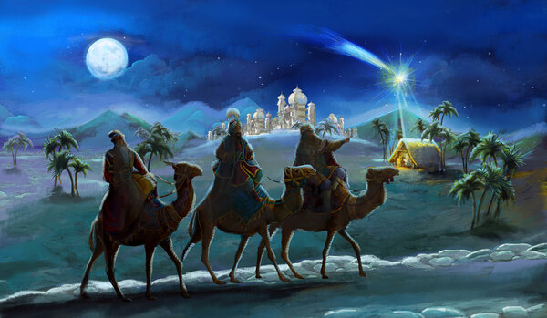 illustration of the holy family and three kings - illustration for the children