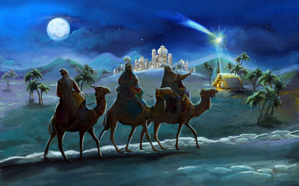 illustration of the holy family and three kings - illustration for the children