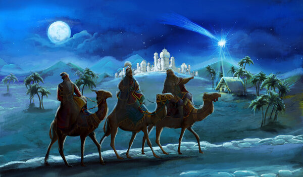 illustration of the holy family and three kings - illustration for the children