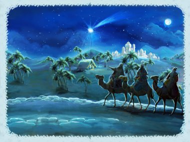 illustration of the holy family and three kings - illustration for the children