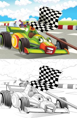 yarış arabaları. karikatür tarzı dışında sanatsal boyama sayfası
