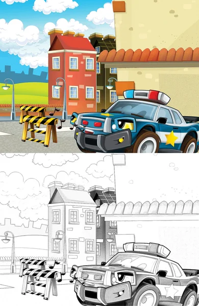 Macchina della polizia. Colorazione artistica pagina di stile cartone animato — Foto Stock