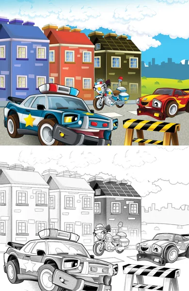Police car. Artistic coloring page out of cartoon style — Stock Photo, Image