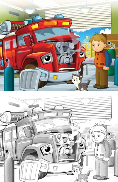 Camión de bomberos. Página artística para colorear fuera de estilo de dibujos animados —  Fotos de Stock