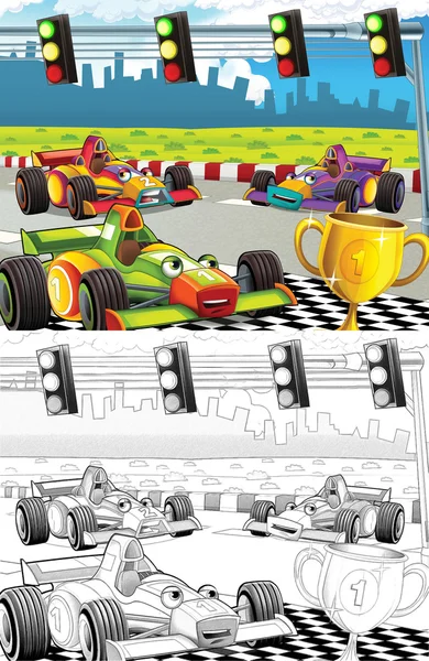 Carros de corrida. Página de colorir artístico fora do estilo dos desenhos animados — Fotografia de Stock