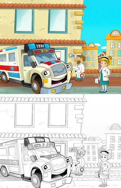 Ambulância. Página de colorir artístico fora do estilo dos desenhos animados — Fotografia de Stock