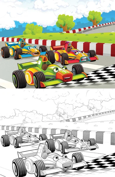 Yarış arabaları. karikatür tarzı dışında sanatsal boyama sayfası — Stok fotoğraf