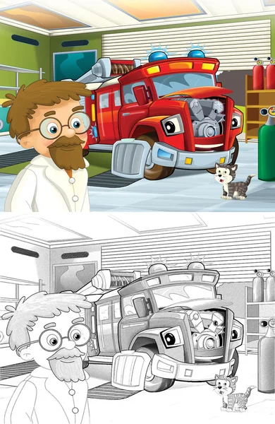 अग्निशमन ट्रक. कार्टून शैलीतून कलात्मक रंगीत पृष्ठ — स्टॉक फोटो, इमेज