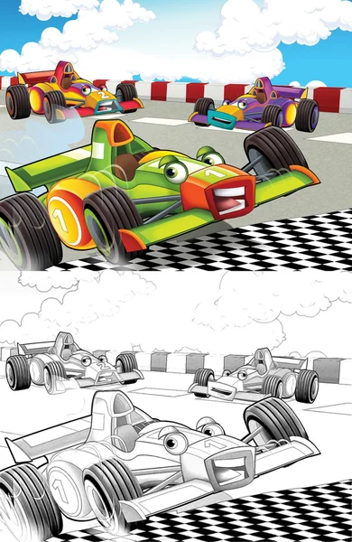 Carros de corrida. Página de colorir artístico fora do estilo dos desenhos animados — Fotografia de Stock