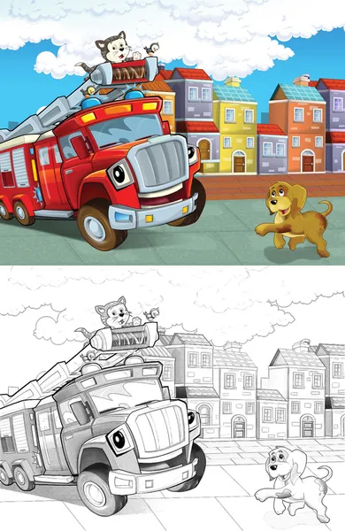 트럭 화재. 만화 스타일의 예술적인 색칠 페이지 — 스톡 사진
