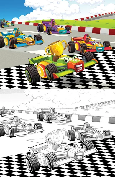Yarış arabaları. karikatür tarzı dışında sanatsal boyama sayfası — Stok fotoğraf