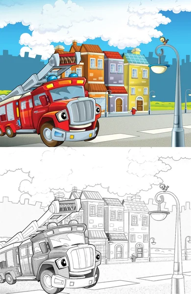 Fire truck. Artistic coloring page out of cartoon style — Stock Photo, Image