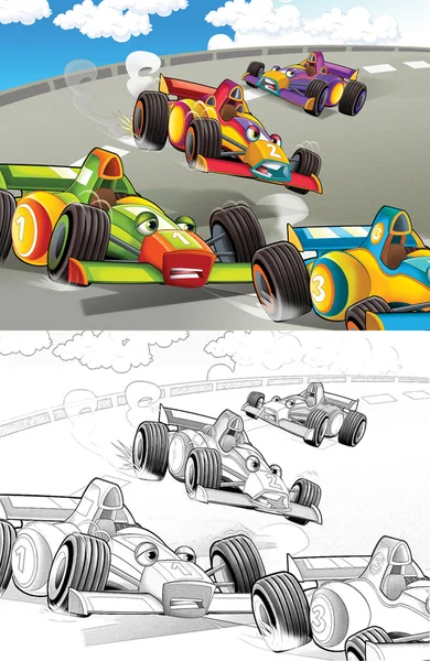 Carros de corrida. Página de colorir artístico fora do estilo dos desenhos animados — Fotografia de Stock