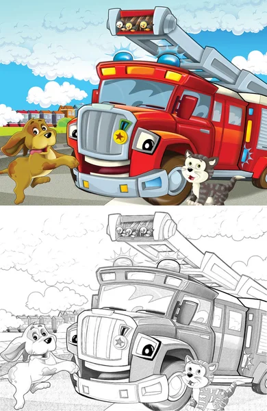 Feuerwehrauto. Künstlerisches Malbuch im Cartoon-Stil — Stockfoto