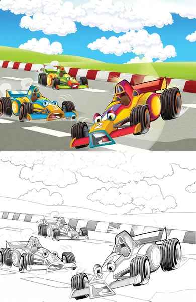 Racing cars. Artistic coloring page out of cartoon style — Stock Photo, Image