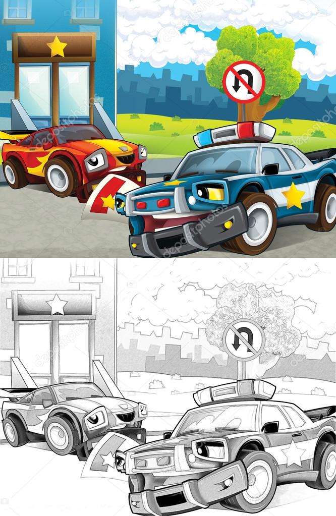 Página para colorir com carro de polícia dos desenhos animados