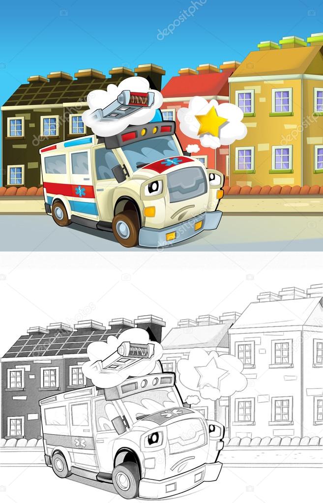 Ambulance. Artistic coloring page out of cartoon style