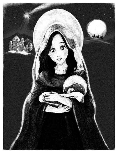 Maryja i Jezus Chrystus w nocy - ilustracja dla dzieci — Zdjęcie stockowe