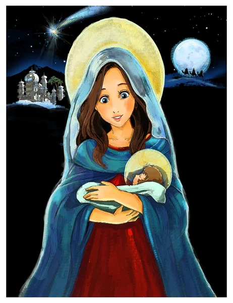 玛丽和耶稣基督在晚上-儿童插画 — 图库照片