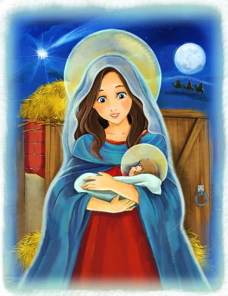 Maria e Gesù Cristo di notte - illustrazione per i bambini — Foto Stock