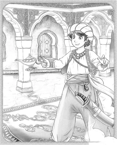 La página para colorear sketch con vista previa "Aladdin ". — Foto de Stock