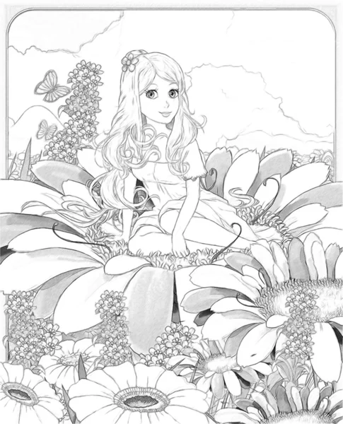 The sketch coloring page with preview "Thumbelina". — Stock Photo, Image