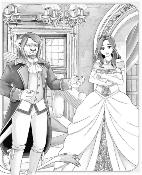 The sketch coloring page with preview "Beauty and the Beast". — Stock Photo, Image