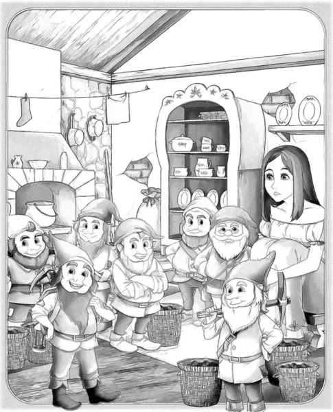 La página para colorear boceto con vista previa "Blancanieves y los siete enanos ". —  Fotos de Stock