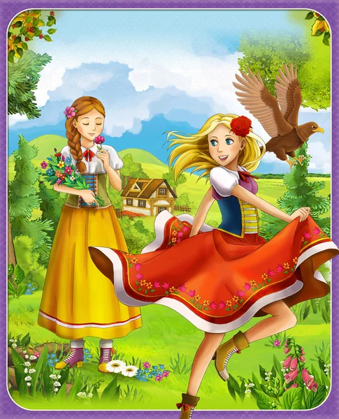 Menina bonita na floresta - o conto de fadas. Ilustração para as crianças — Fotografia de Stock