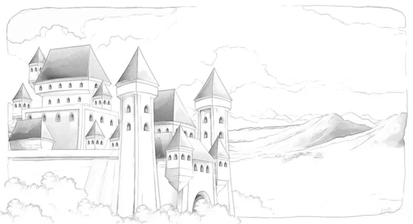城堡-骑士和仙女。艺术风格-儿童插画 — 图库照片