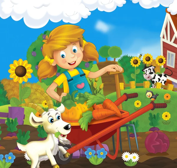 Holčička na farmě - šťastný ilustrace pro děti — Stock fotografie