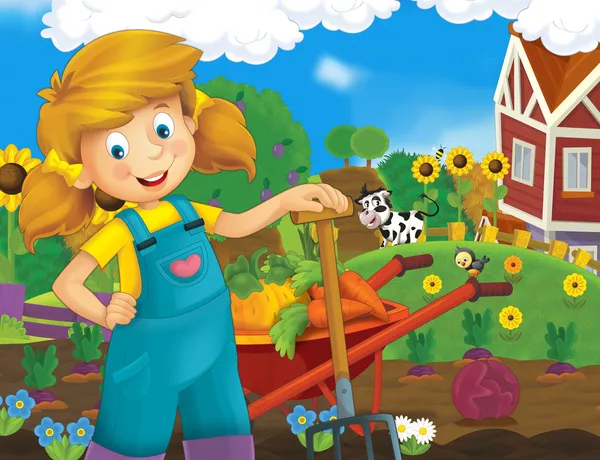 Little girl on the farm - the happy illustration for the children — Zdjęcie stockowe