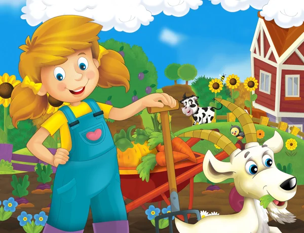 Little girl on the farm - the happy illustration for the children — Stock Photo, Image