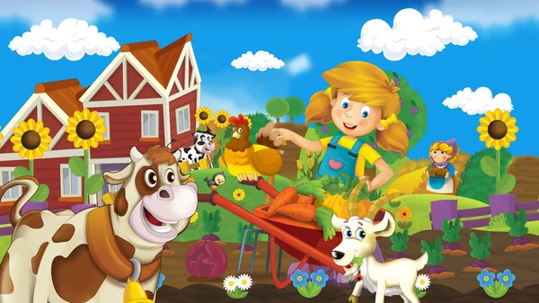 Menina na fazenda - a ilustração feliz para as crianças — Fotografia de Stock