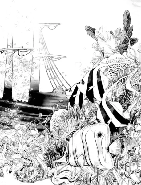 Recife de coral com naufrágio de navio - ilustração para as crianças — Fotografia de Stock