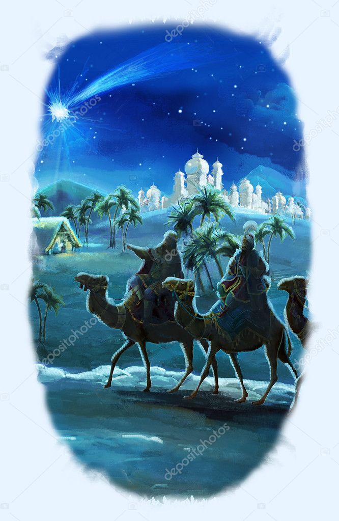 Illustration of the holy family and three kings - illustration for the children