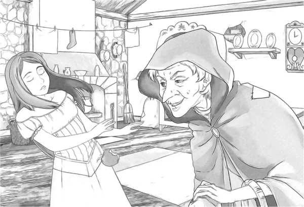 The sketch coloring page, "Snow White and the Seven Dwarfs" — Stock Photo, Image