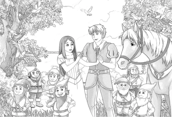 The sketch coloring page, "Snow White and the Seven Dwarfs" — Stock Photo, Image