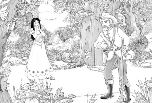 The sketch coloring page, "Snow White and the Seven Dwarfs" — Stock Photo, Image