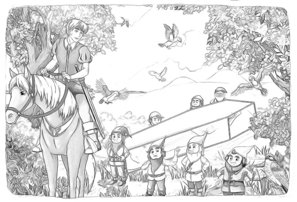 《 白雪公主和七个小矮人的素描着色页" — 图库照片