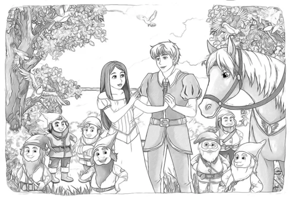《 白雪公主和七个小矮人的素描着色页" — 图库照片