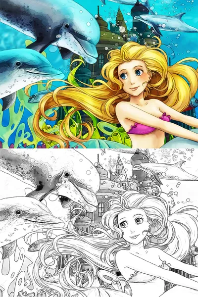 Okyanus ve Deniz kızları - sayfa boyama — Stok fotoğraf