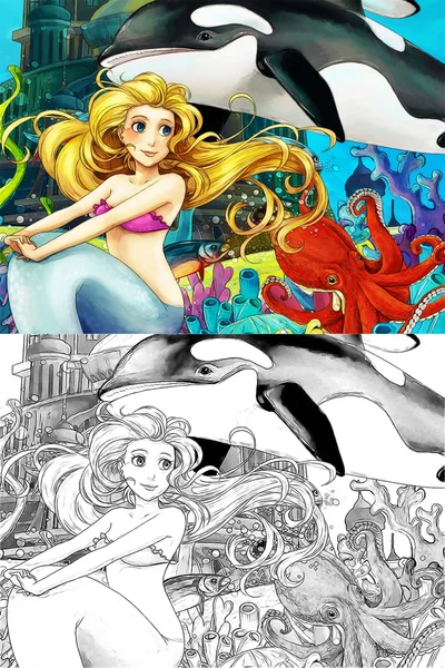 The ocean and the mermaids - coloring page — Stock Photo, Image