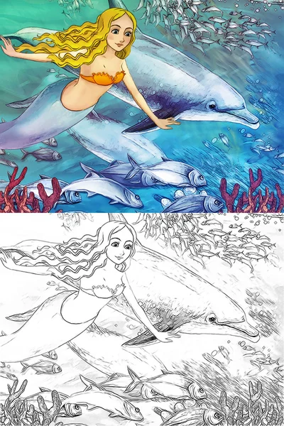 The ocean and the mermaids - coloring page — Stock Photo, Image