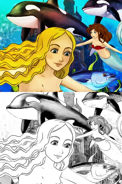 The ocean and the mermaids - coloring page — Stock Photo, Image