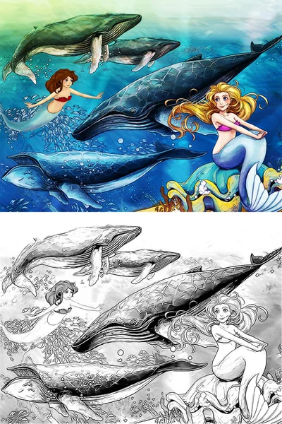 The ocean and the mermaids - coloring page — Stock Photo, Image