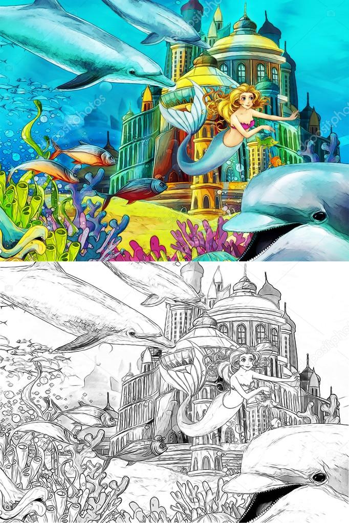 The ocean and the mermaids - coloring page